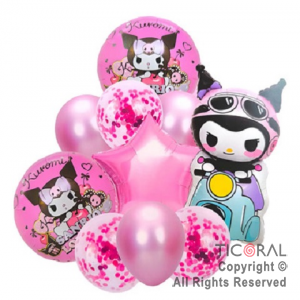 SET DE GLOBOS METALIZADOS KUROMI MOTO Y LATEX CON CONFETI x 10 UNIDADES